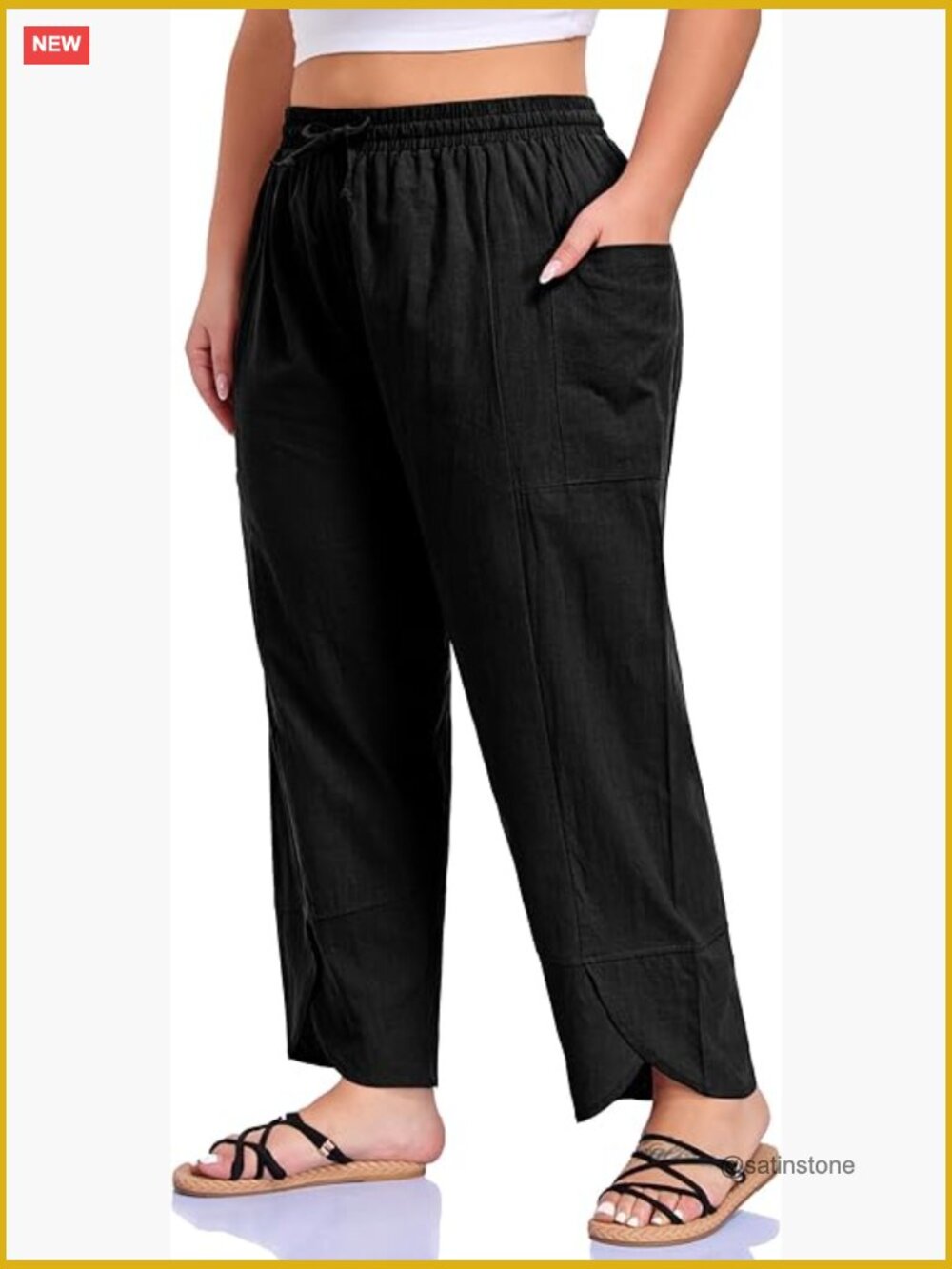Plus Size Linen Cotton Wide Leg Pants with Pockets